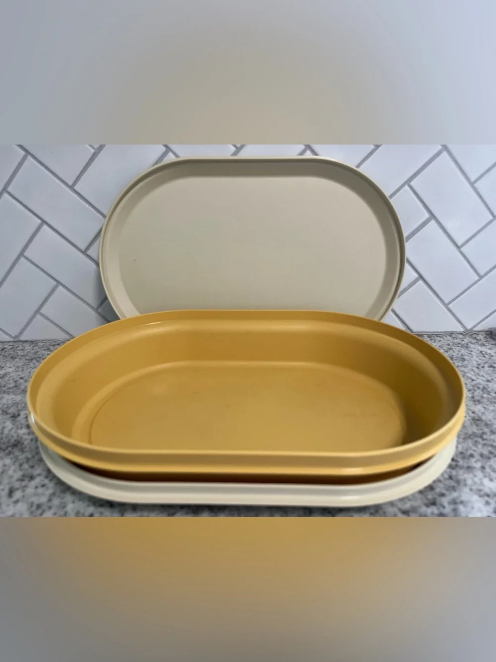 Vintage Tupperware Oval Hot Cold Server 3pc 1326 1327 1328 Gold Almond Set